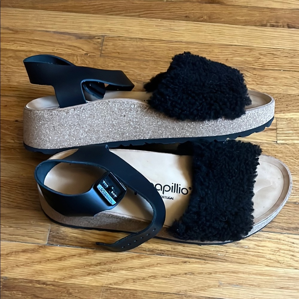 Black Fuzzy Sandals with Cork Sole Birkenstock papillio